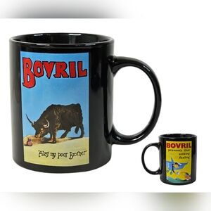 Bovril Coffee Tea Mug Black Cup Graphics Bull Man In Plane Swimmer Graphics Art